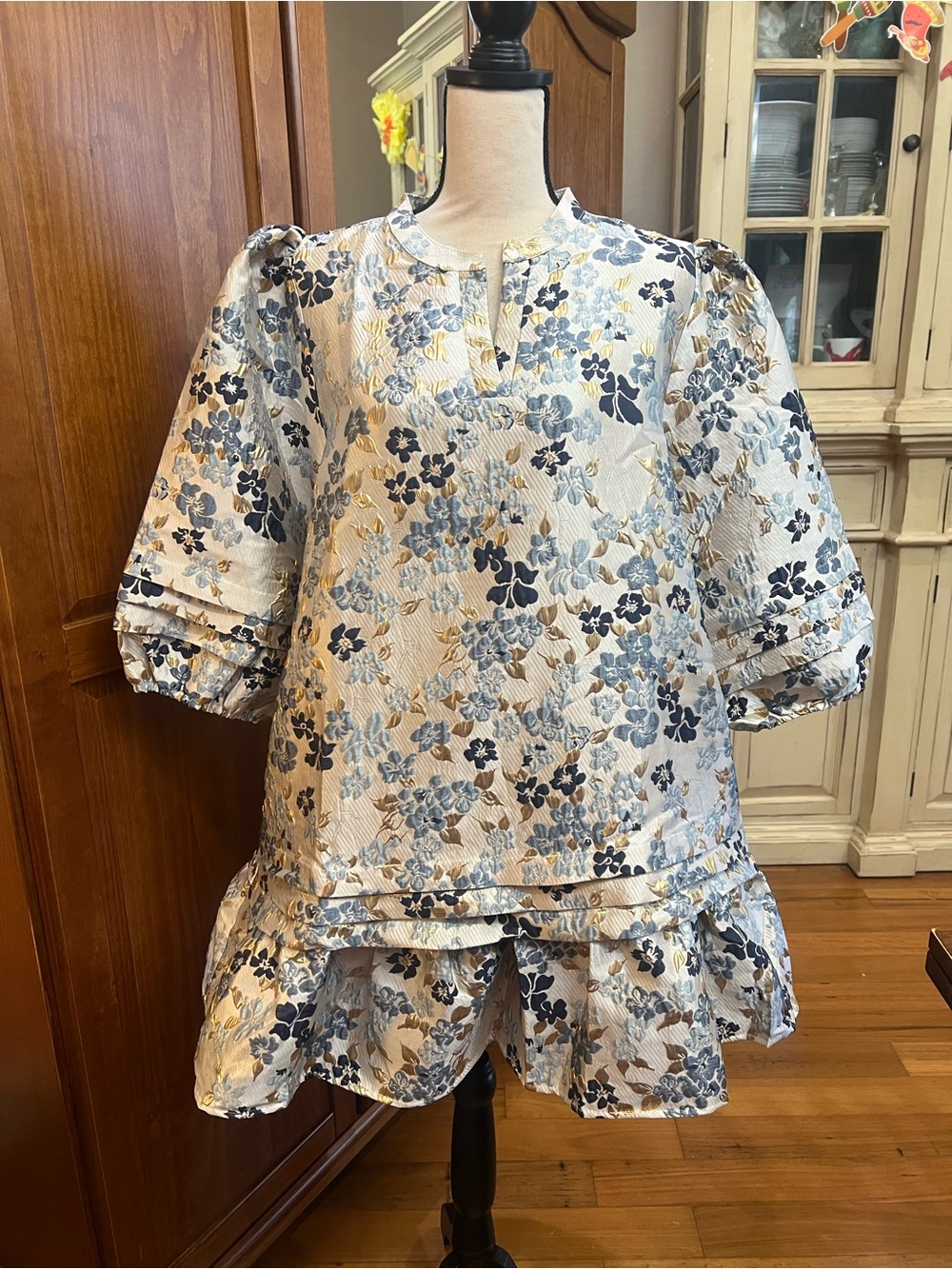 Lovelo Cream Mini Dress with Blue Floral Print and Puff Sleeves - Picture 2 of 14